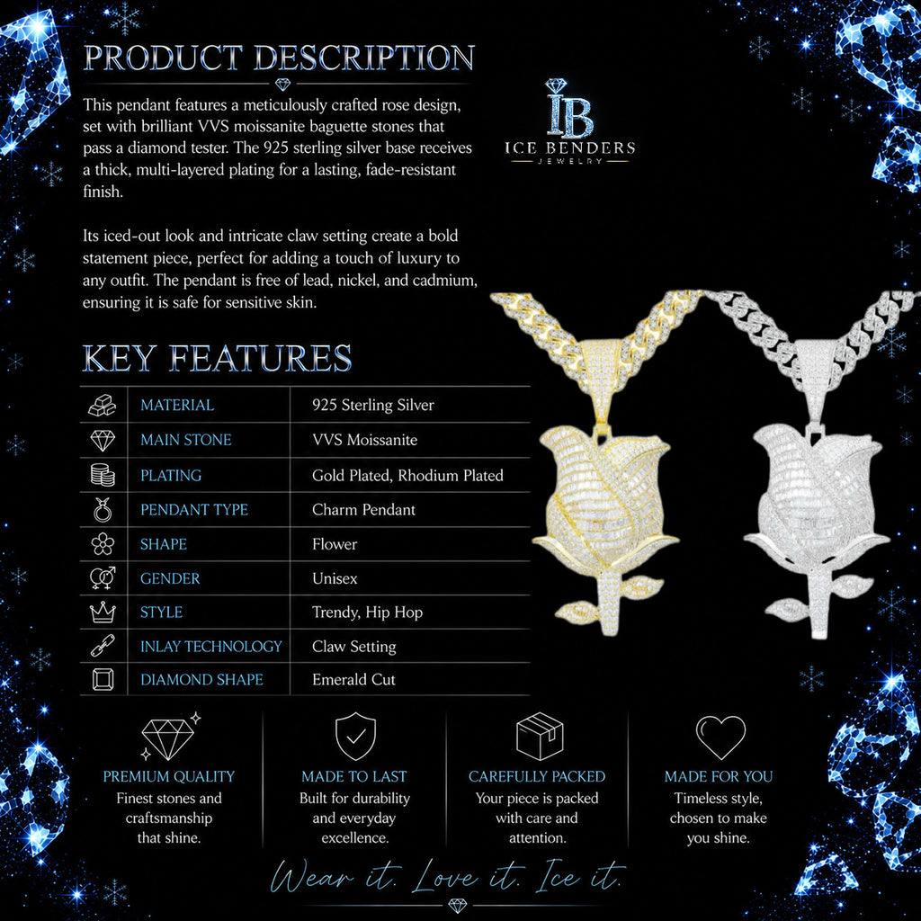 Large Iced Out Baguette Rose Moissanite Pendant