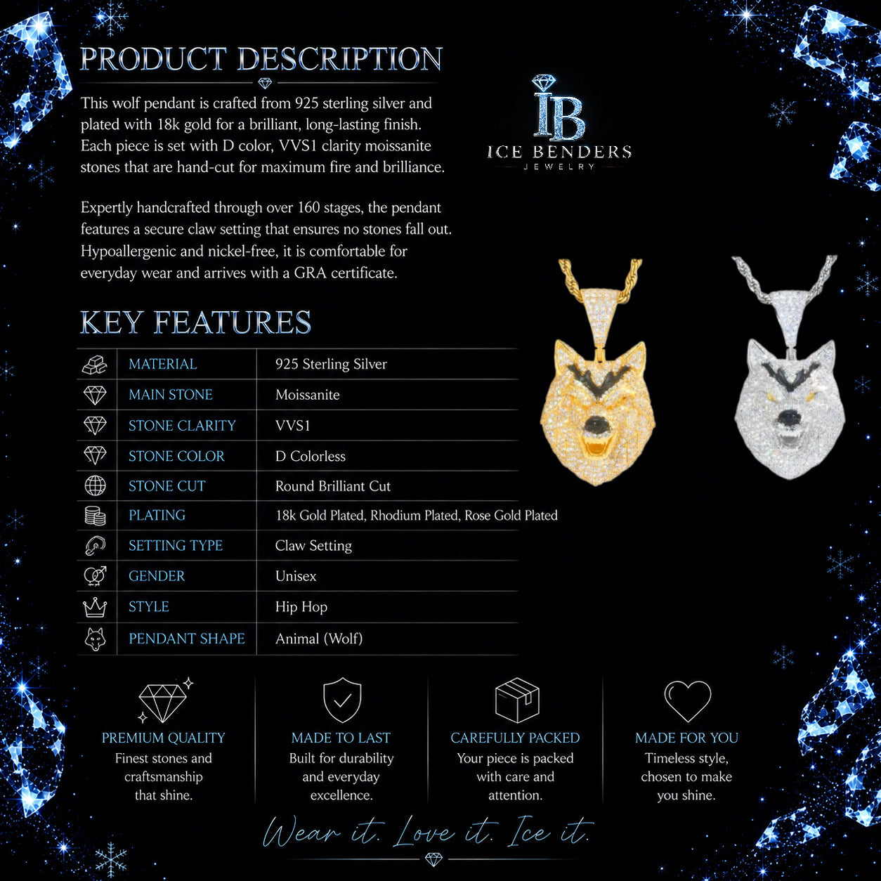 Iced Out Yellow Eye Wolf Pendant Moissanite