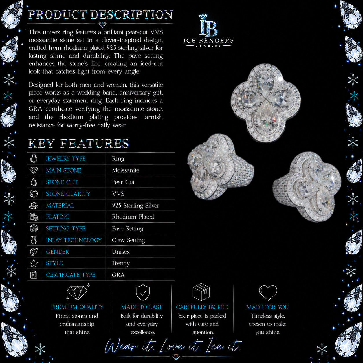 Unisex Pear Cut Moissanite Clover Ring 925 Sterling Silver