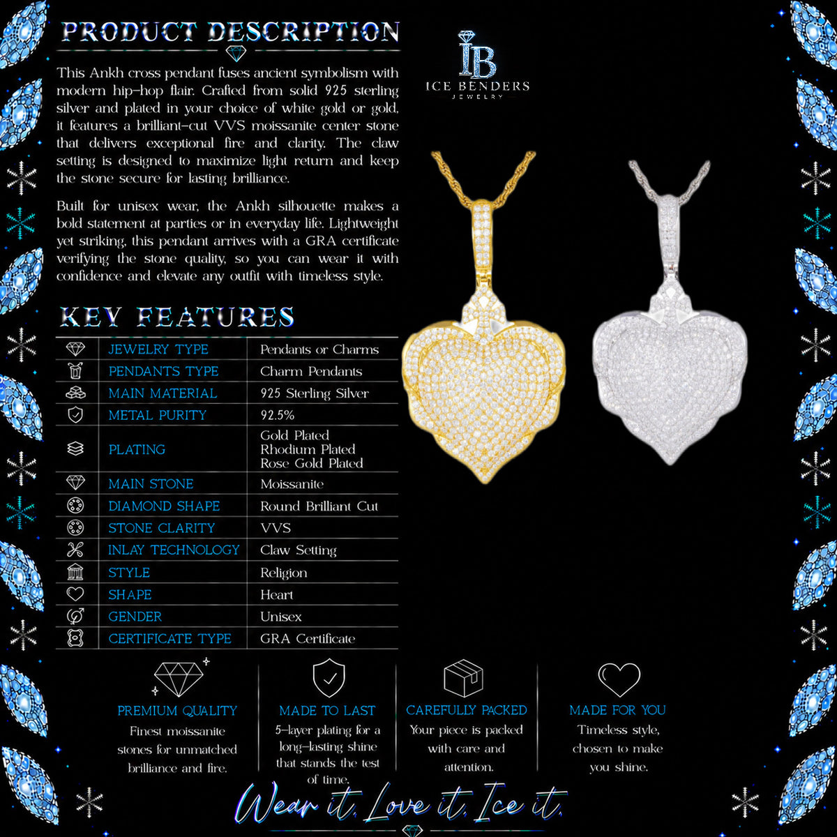 Iced Ankh Moissanite Cross Pendant