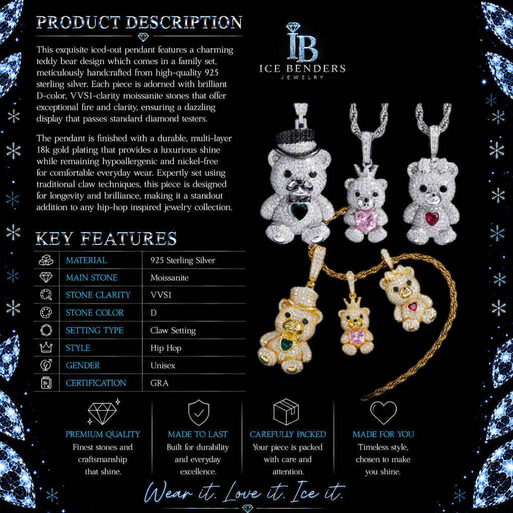 Gemstone Iced Out Teddy Bear Family Moissanite Pendants