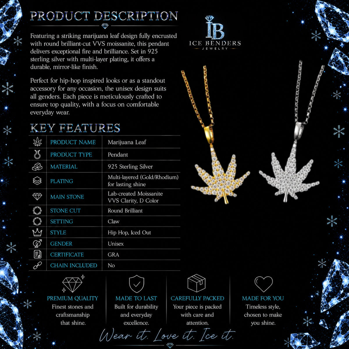 Iced Out Marijuana Leaf Moissanite Pendant