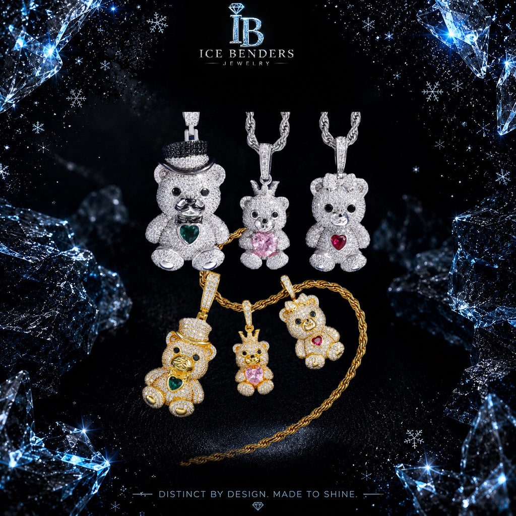Gemstone Iced Out Teddy Bear Family Moissanite Pendants