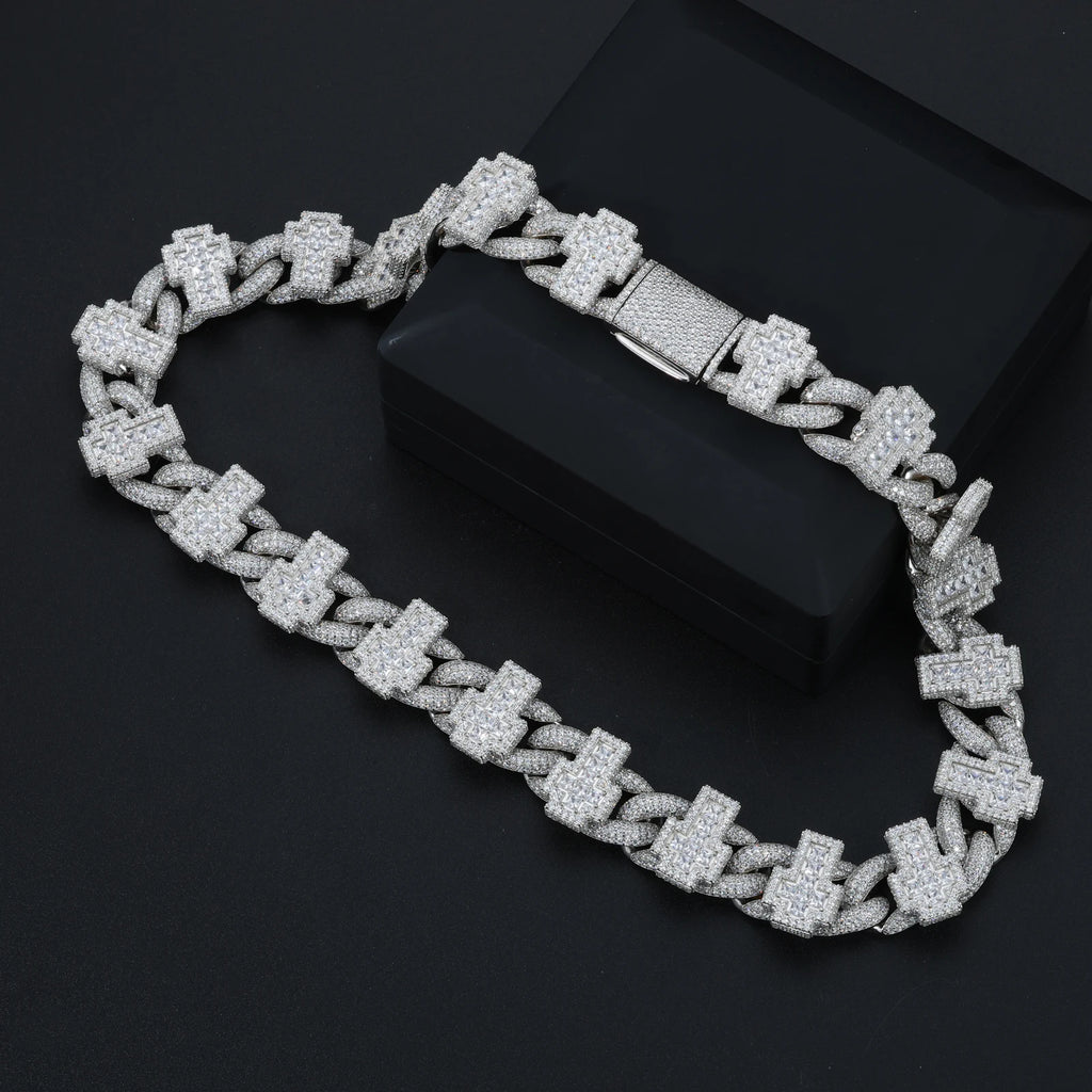 Men's 19mm Cross Shape Micro Paved Princess Cut Moissanite Cuban Link Chain Necklace 925 Sterling Silver