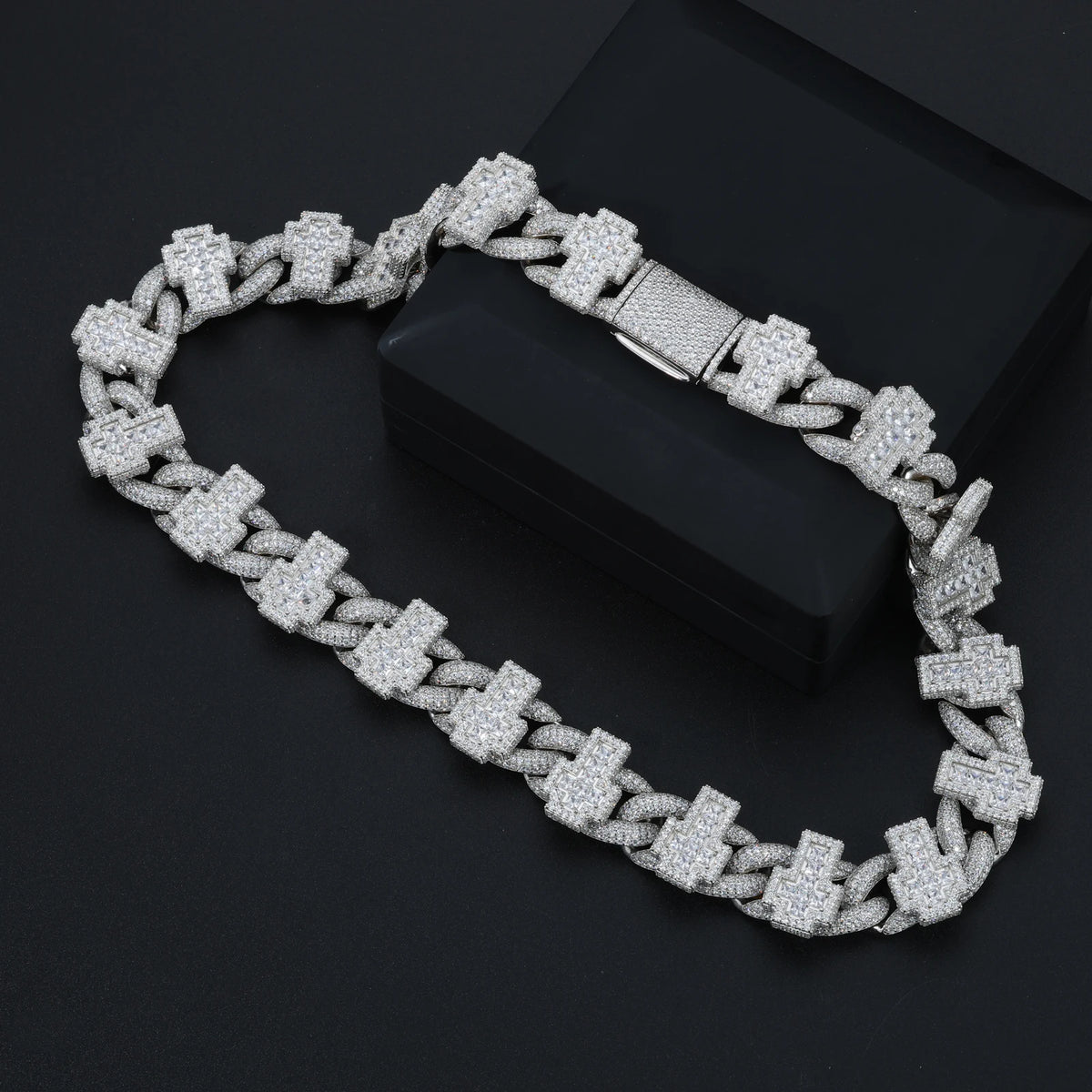 Men's 19mm Cross Shape Micro Paved Princess Cut Moissanite Cuban Link Chain Necklace 925 Sterling Silver