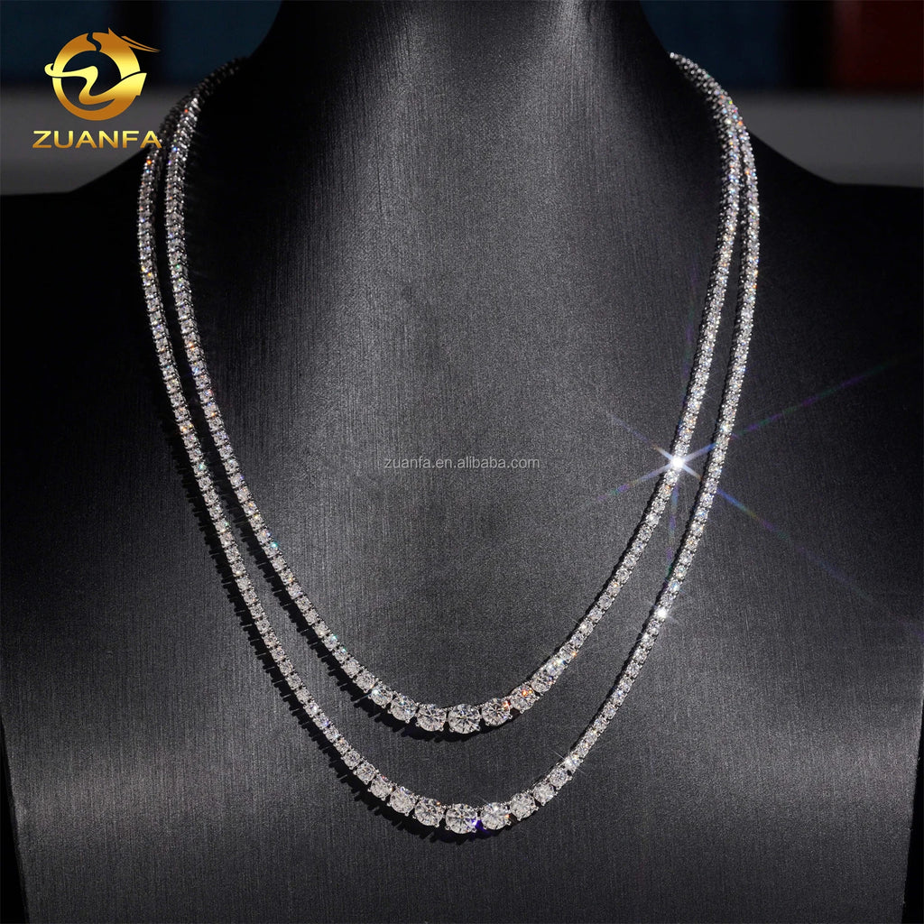 Unisex Iced Out 925 Sterling Silver Rhodium Plated VVS Moissanite Gradient Cluster Tennis Chain Necklace 2mm