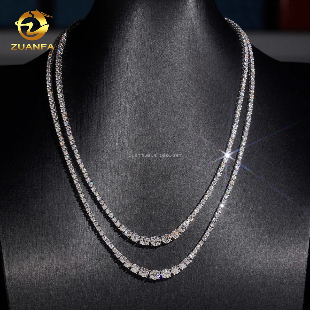Unisex Iced Out 925 Sterling Silver Rhodium Plated VVS Moissanite Gradient Cluster Tennis Chain Necklace 2mm