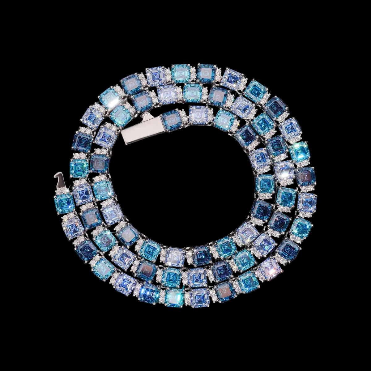 Unisex Iced Out 925 Sterling Silver Blue Moissanite Tennis Chain Necklace