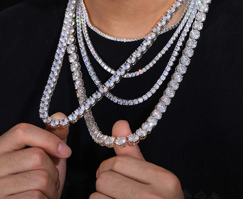 Unisex Iced Out 925 Sterling Silver VVS Moissanite Tennis Chain Necklace Bracelet