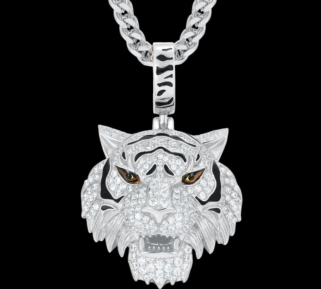 Men's 925 Sterling Silver VVS Moissanite Iced Out 3D Tiger Head Pendant TQP0730