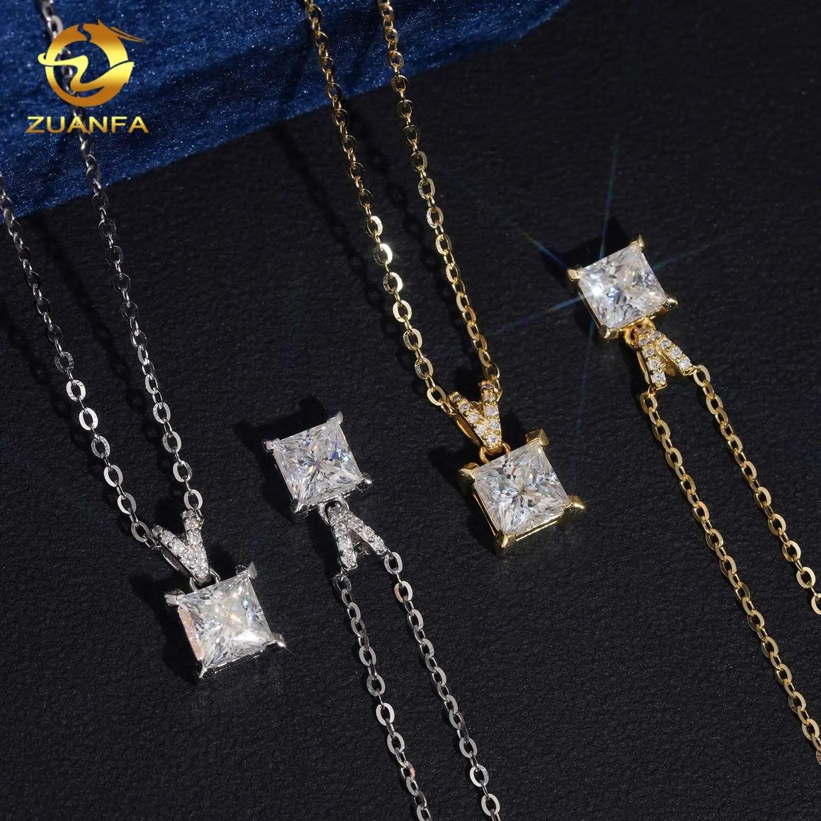 Unisex Iced Out 925 Sterling Silver Moissanite Princess Cut Pendant Necklace