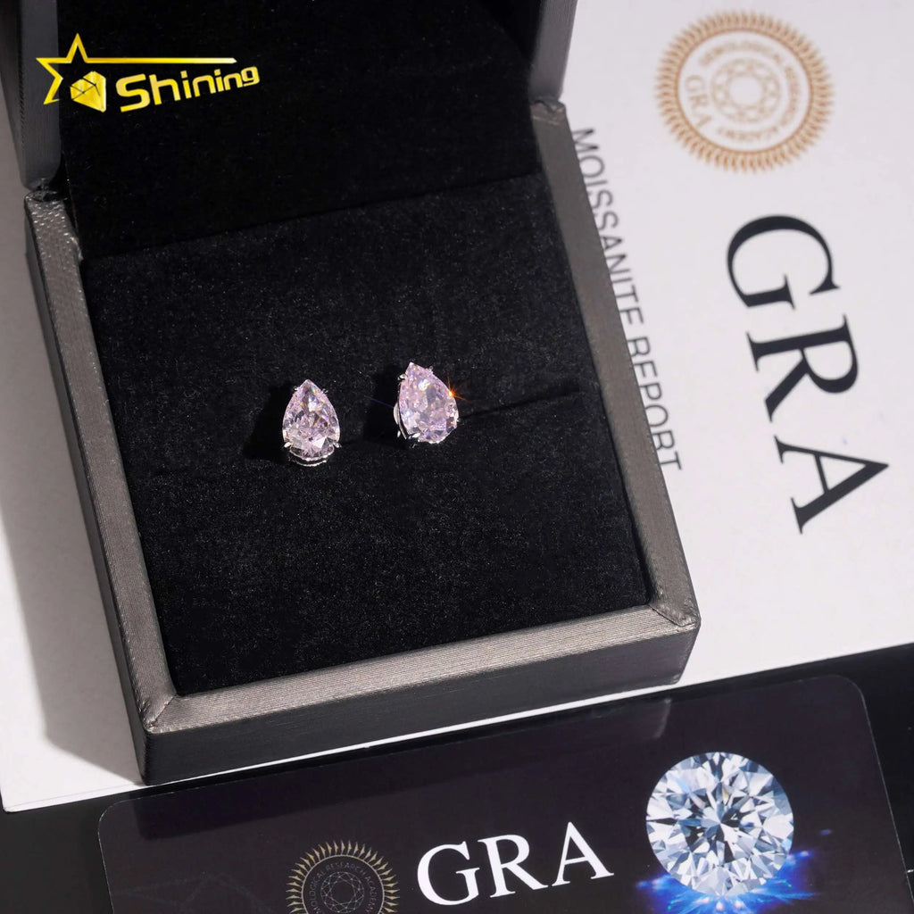 Unisex Iced Out 925 Sterling Silver Rhodium Plated VVS Moissanite Pear Cut Sakura Lab Grown Gemstone Stud Earrings