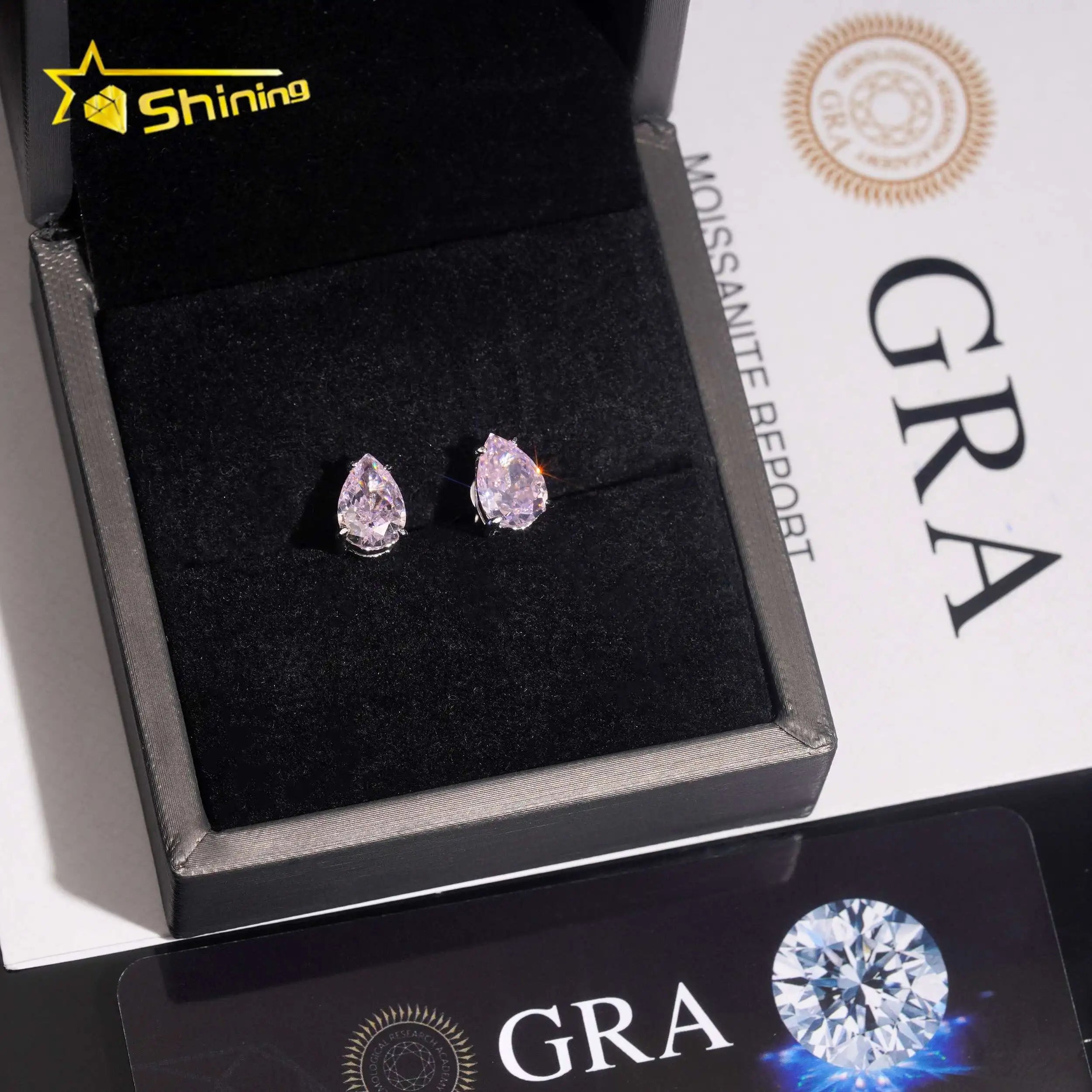 Unisex Iced Out 925 Sterling Silver Rhodium Plated VVS Moissanite Pear Cut Sakura Lab Grown Gemstone Stud Earrings