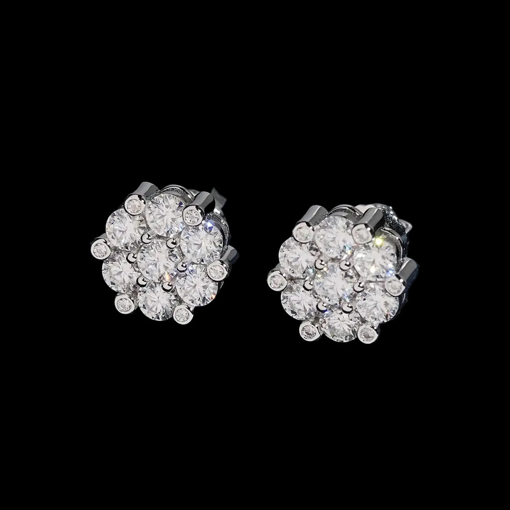 Unisex Iced Out 925 Sterling Silver VVS Moissanite Floral Cluster Stud Earrings
