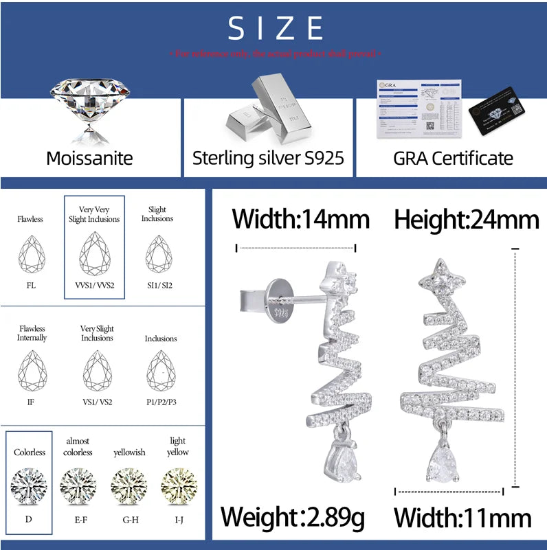 Unisex Christmas Tree Drop Earrings VVS Moissanite 925 Sterling Silver
