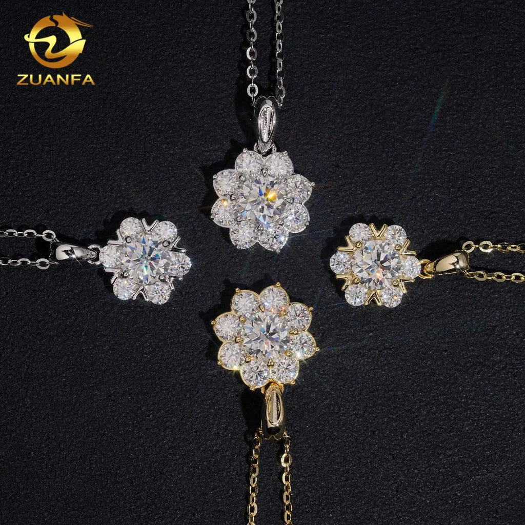 Unisex 925 Sterling Silver Moissanite Flower Shape Pendant Necklace