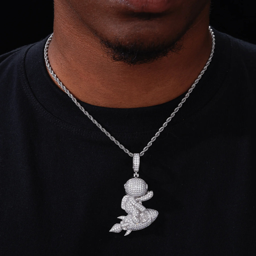 Unisex 925 Sterling Silver VVS Moissanite Iced Out Astronaut Rocket Pendant TQP0950