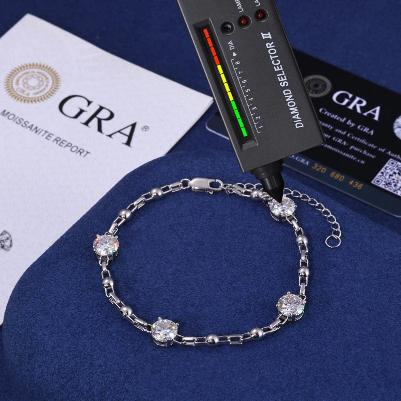 Unisex Iced Out 925 Sterling Silver VVS Moissanite Round Brilliant Cut Bead Link Chain Bracelet 8mm