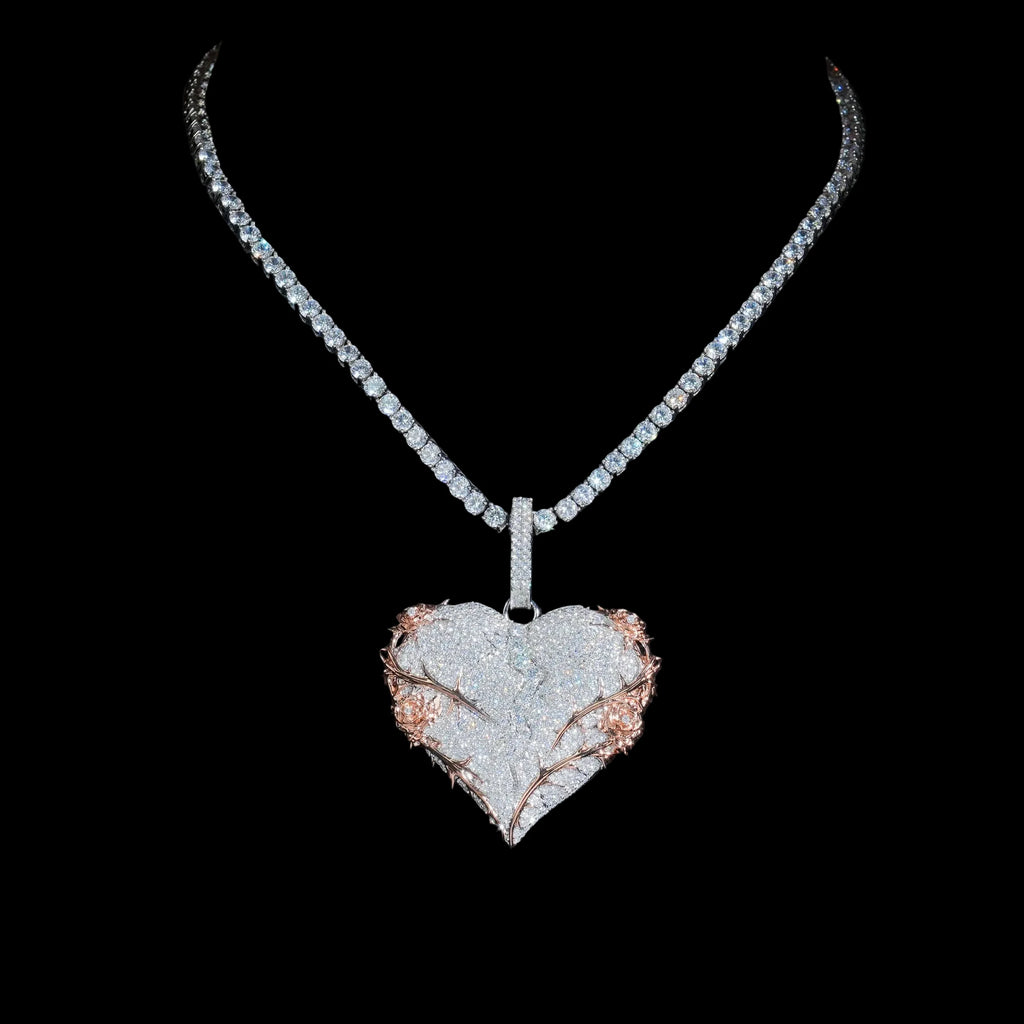 Unisex 925 Sterling Silver VVS Moissanite Broken Heart Thorn Iced Out Pendant BP4962