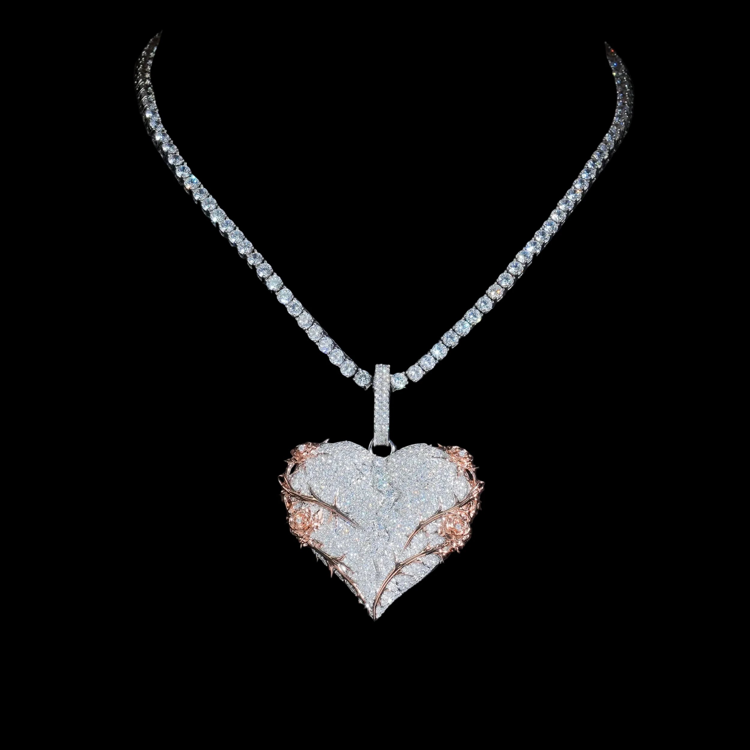Unisex 925 Sterling Silver VVS Moissanite Broken Heart Thorn Iced Out Pendant BP4962