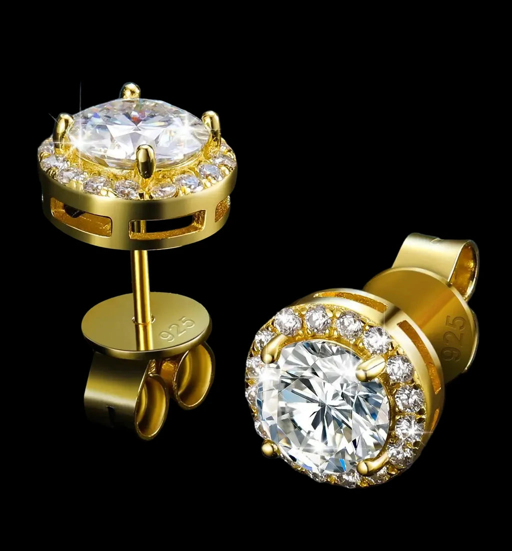 Unisex Iced Out 925 Sterling Silver White Gold Plated VVS Moissanite Round Brilliant Cut Halo Stud Earrings