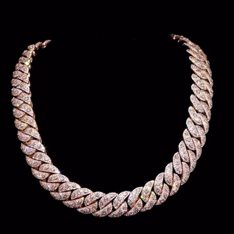 Men's 15mm Round Brilliant Cut Moissanite Cuban Link Chain Necklace 925 Sterling Silver Rose Gold Plated