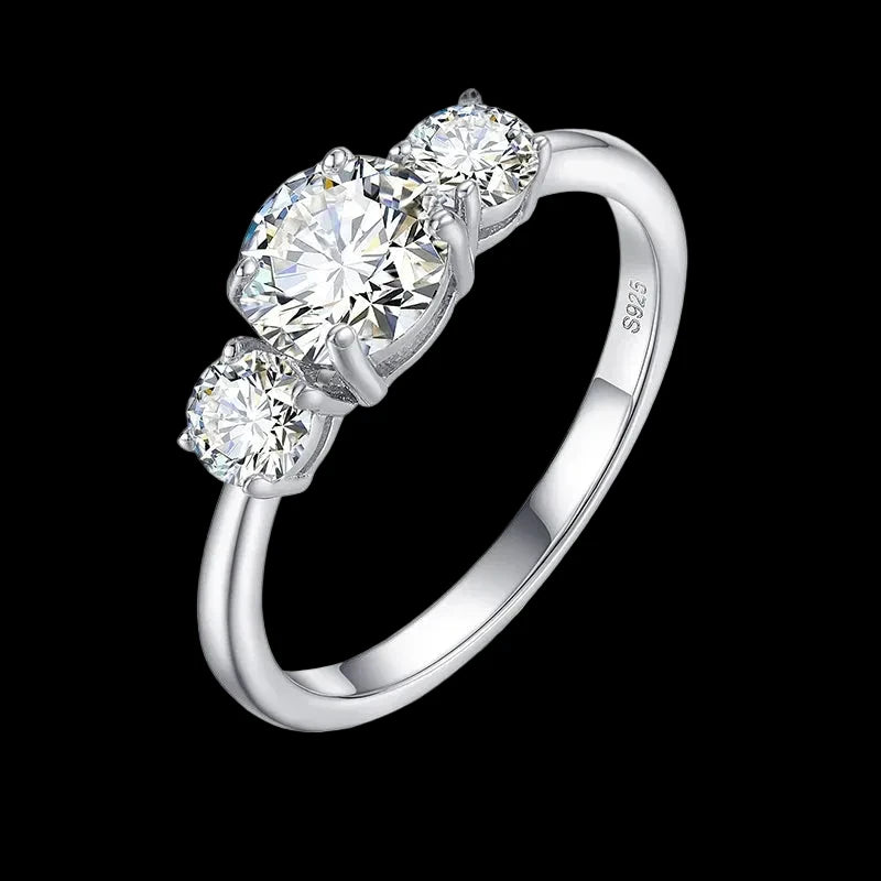 Women's Round Brilliant Cut VVS Moissanite Three Stone Ring 925 Sterling Silver