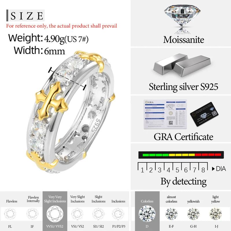 Men's Iced Out 925 Sterling Silver VVS Moissanite Round Brilliant Cut Cross Ring