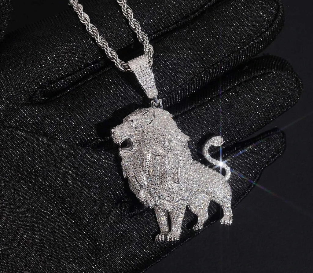 Unisex 925 Sterling Silver VVS Moissanite Lion Animal Iced Out Pendant YP0631