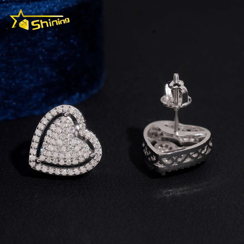 Unisex Iced Out 925 Sterling Silver Rhodium Plated VVS Moissanite Round Brilliant Cut Geometric Stud Earrings