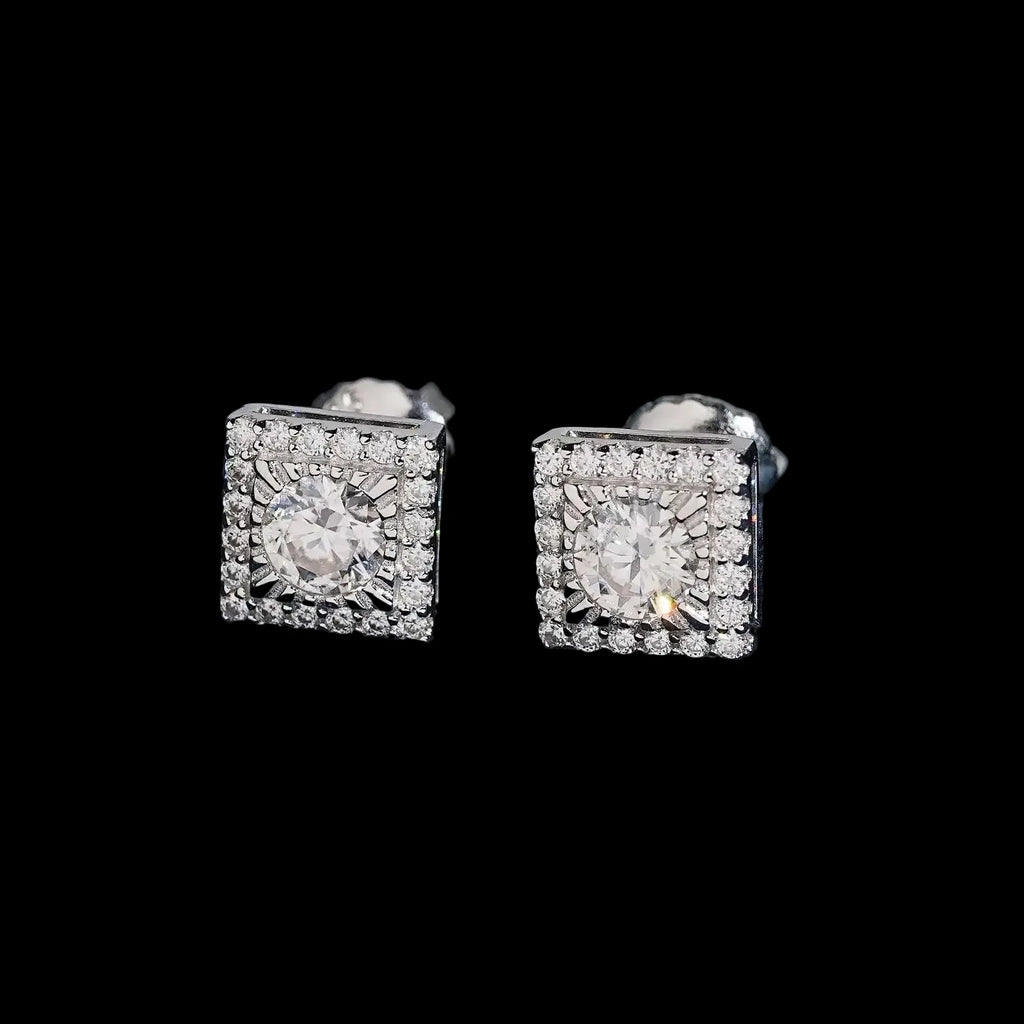 Unisex Iced Out 925 Sterling Silver Rhodium Plated VVS Moissanite Round Brilliant Cut Square Halo Stud Earrings