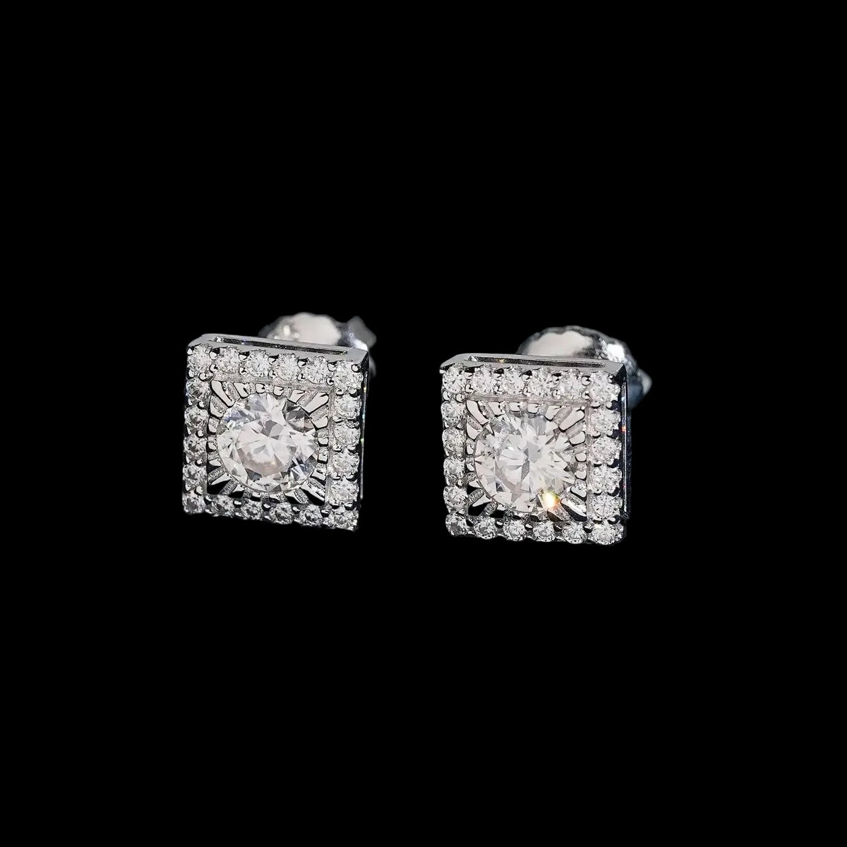Unisex Iced Out 925 Sterling Silver Rhodium Plated VVS Moissanite Round Brilliant Cut Square Halo Stud Earrings