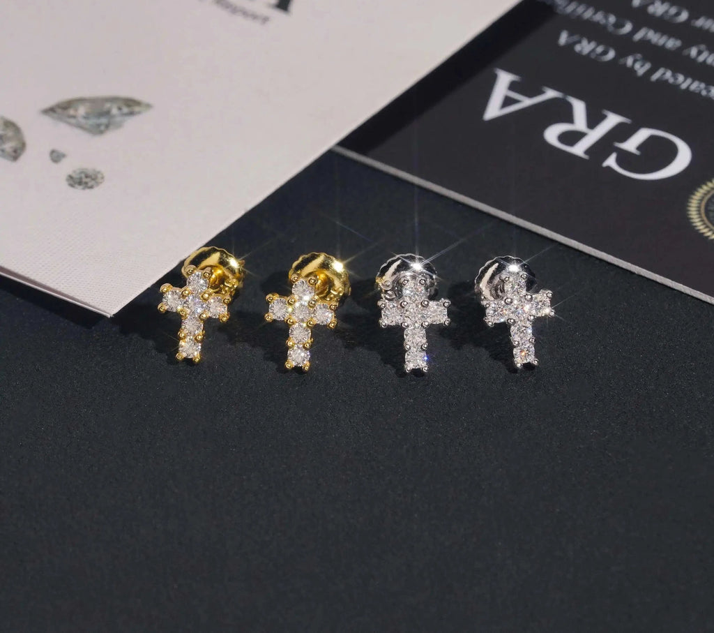 Unisex Iced Out 925 Sterling Silver VVS Moissanite Round Brilliant Cut Cross Screw Back Stud Earrings