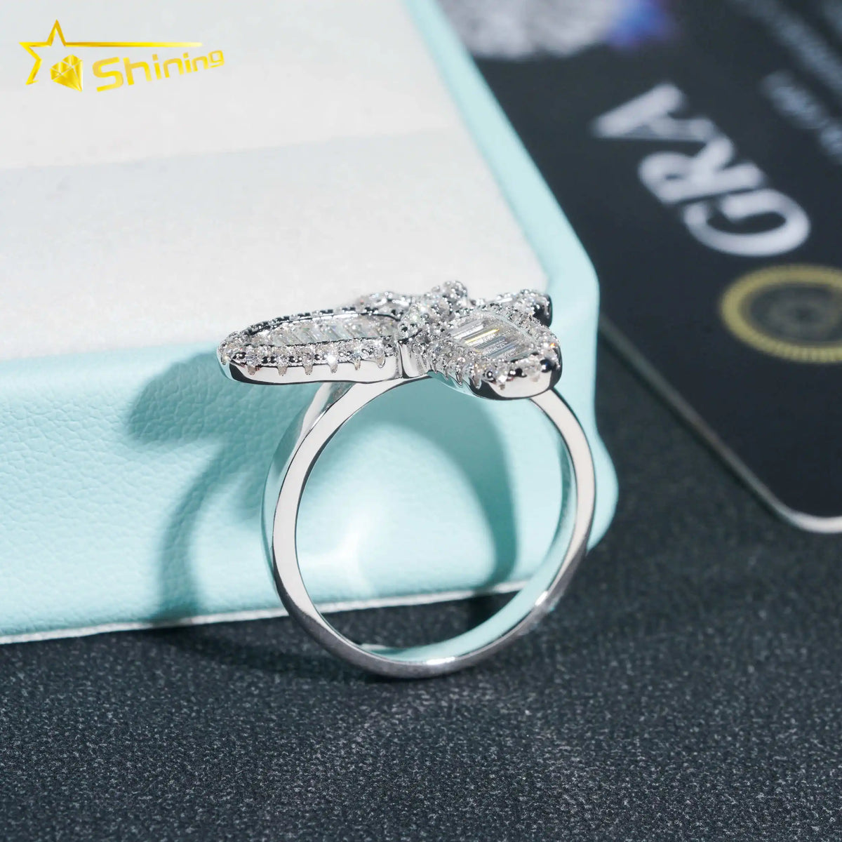 Unisex Iced Out 925 Sterling Silver VVS Moissanite Round Brilliant Cut Butterfly Ring