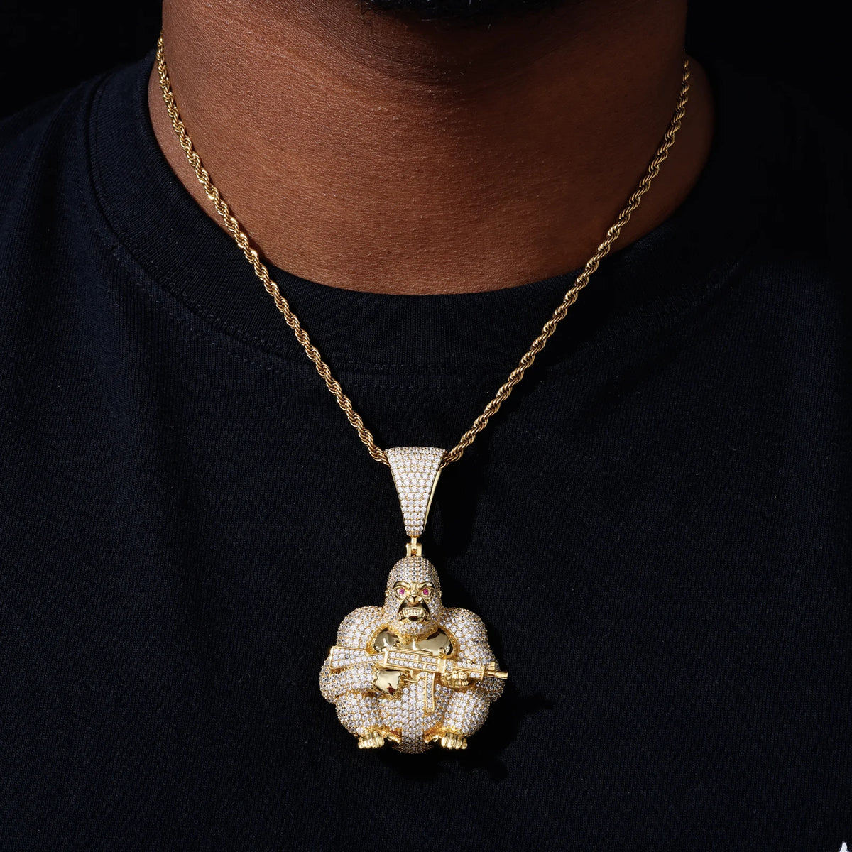 Unisex Iced Out Gorilla Holding AK Pendant 925 Sterling Silver VVS Moissanite TQP0867