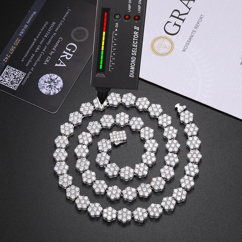 Unisex 925 Sterling Silver VVS Moissanite Iced Out Honeycomb Flower Tennis Chain Necklace TQN0185