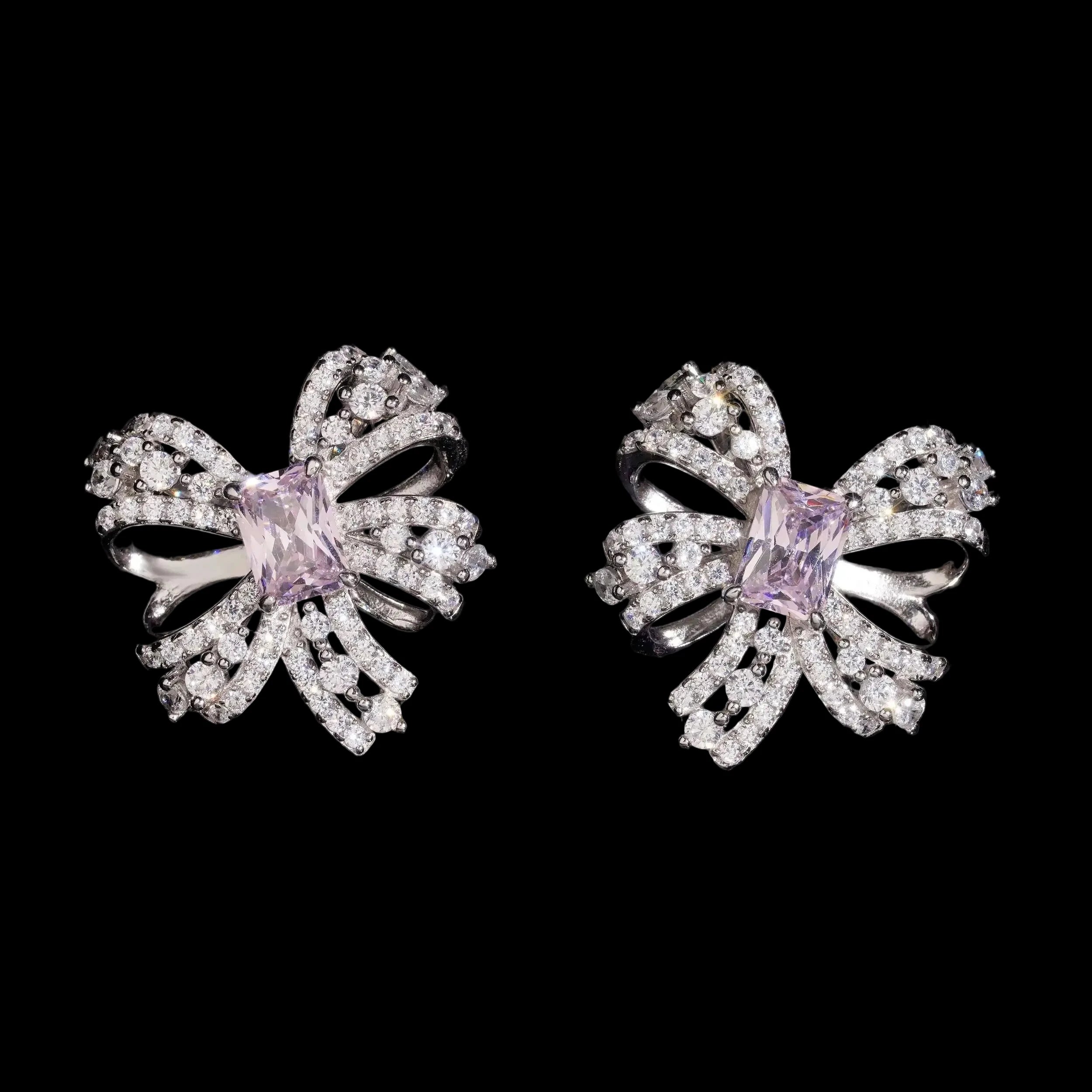 Women's Bow Tie VVS Moissanite & Sakura Pink Lab Grown Gemstone Stud Earrings 925 Sterling Silver