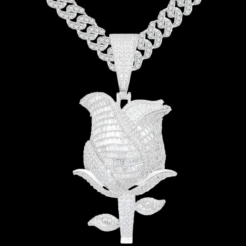 Unisex 925 Sterling Silver VVS Moissanite Iced Out Baguette Rose Pendant TQP0275