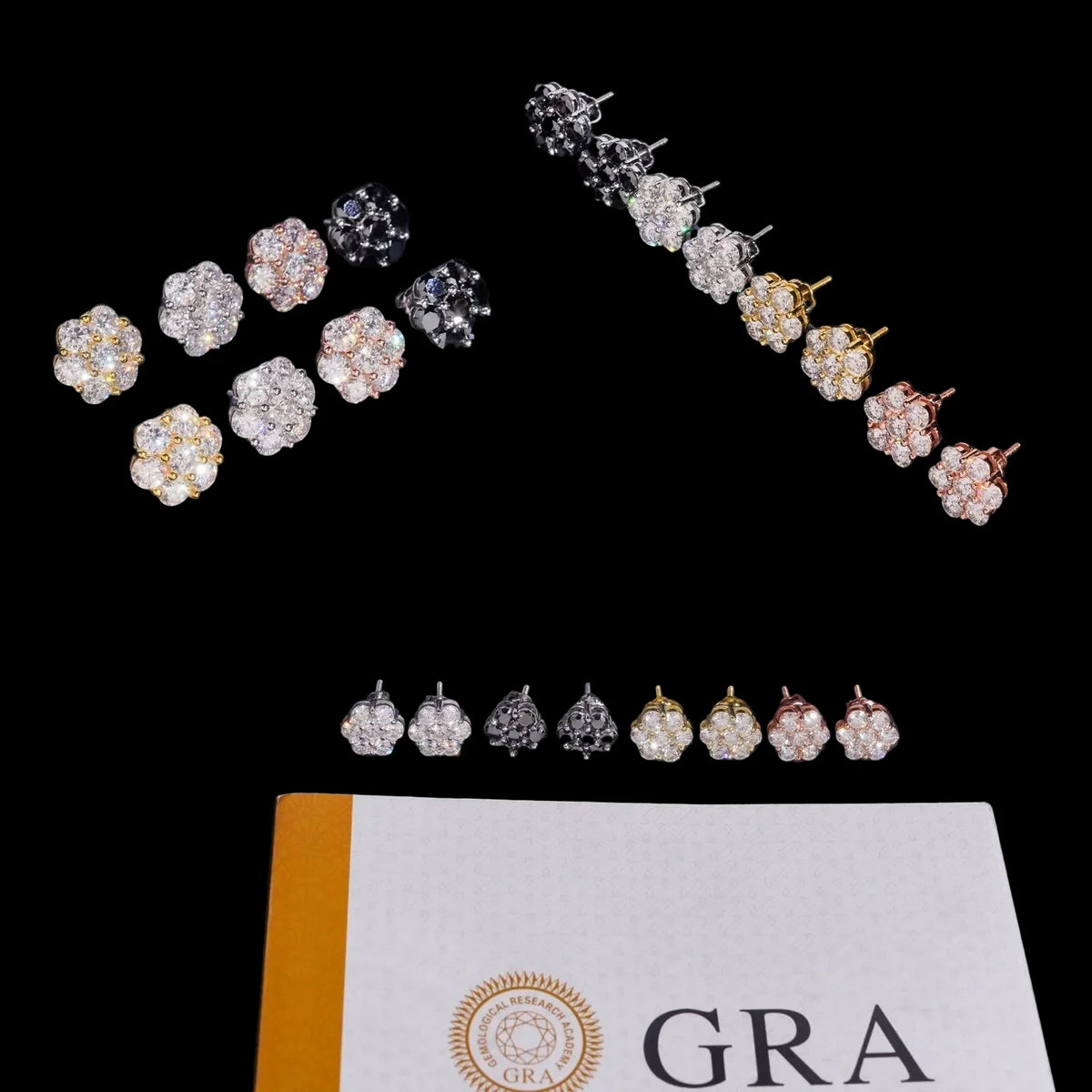 Unisex 925 Sterling Silver VVS Moissanite Flower Iced Cluster Stud Earrings