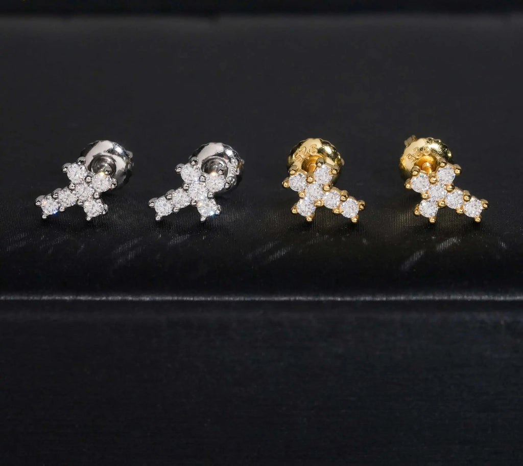 Unisex Iced Out 925 Sterling Silver VVS Moissanite Round Brilliant Cut Cross Screw Back Stud Earrings