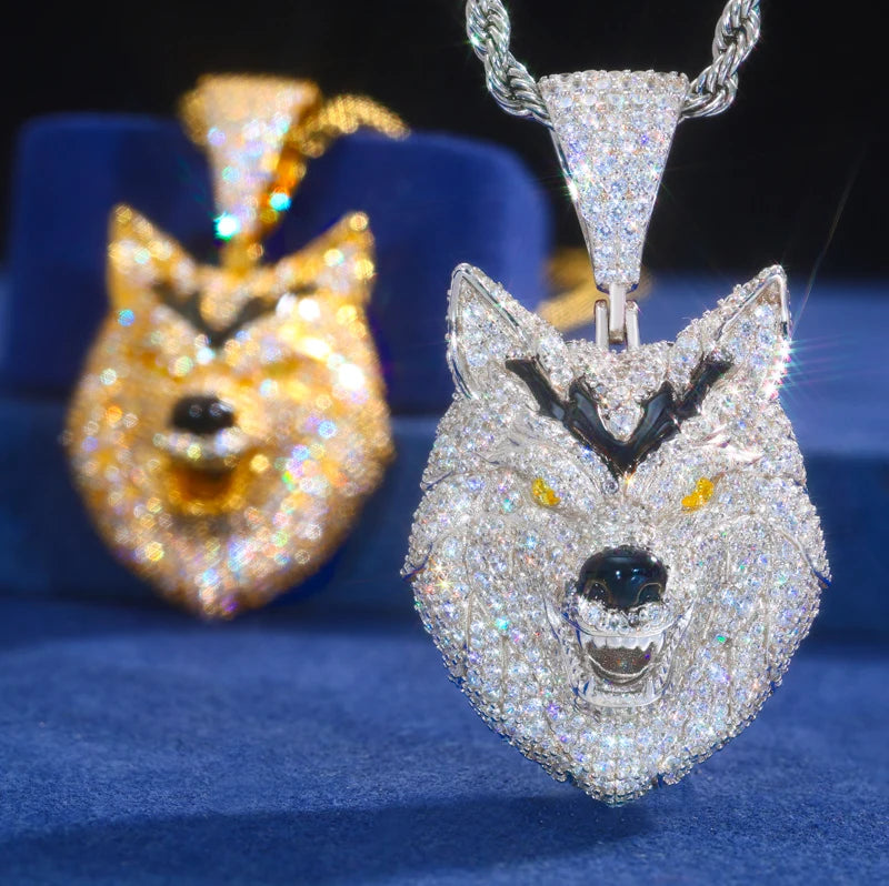 Unisex Iced Out Wolf Pendant 925 Sterling Silver VVS Moissanite TQP0776