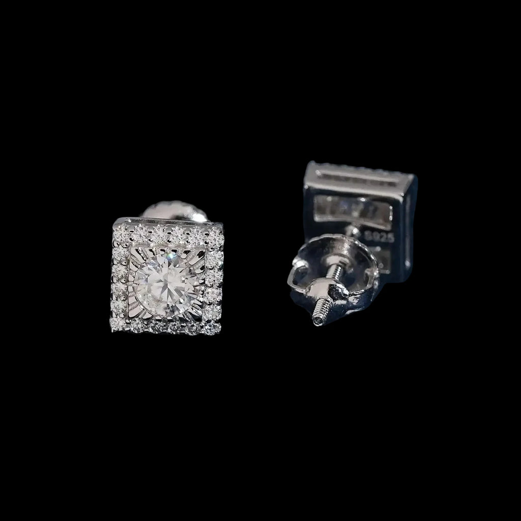 Unisex Iced Out 925 Sterling Silver Rhodium Plated VVS Moissanite Round Brilliant Cut Square Halo Stud Earrings