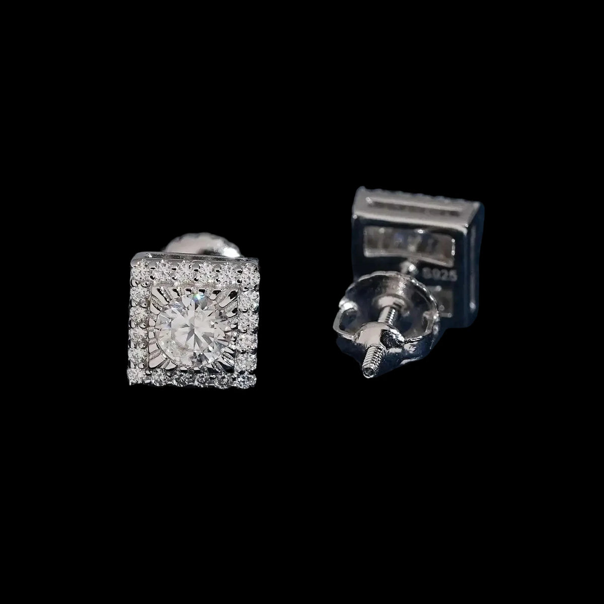 Unisex Iced Out 925 Sterling Silver Rhodium Plated VVS Moissanite Round Brilliant Cut Square Halo Stud Earrings