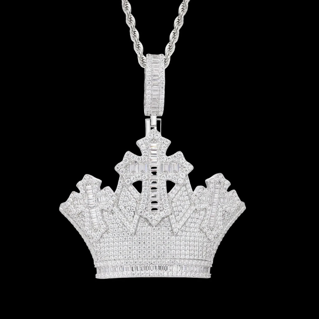 Unisex 925 Sterling Silver VVS Moissanite Iced Out Crown Cross Pendant TQP1055