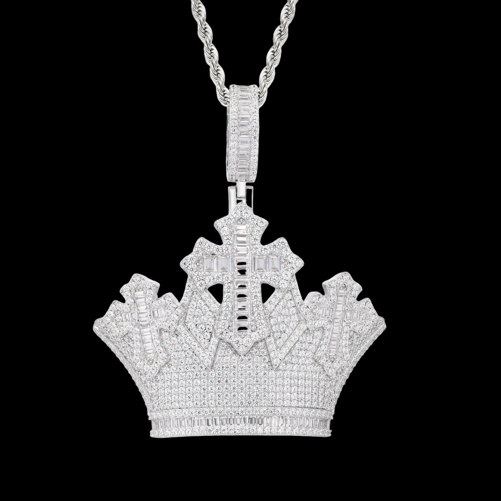 Unisex 925 Sterling Silver VVS Moissanite Iced Out Crown Cross Pendant TQP1055