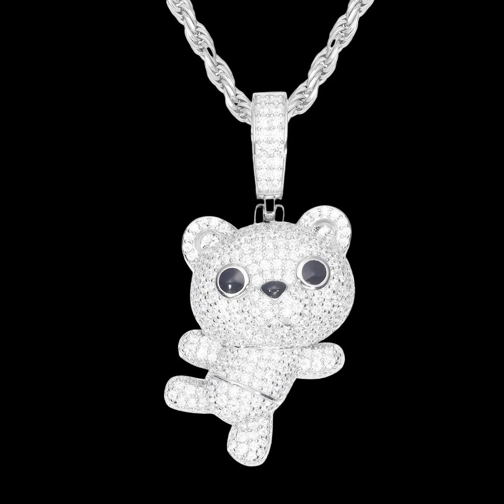 Unisex 925 Sterling Silver VVS Moissanite Dancing Little Bear Iced Out Pendant