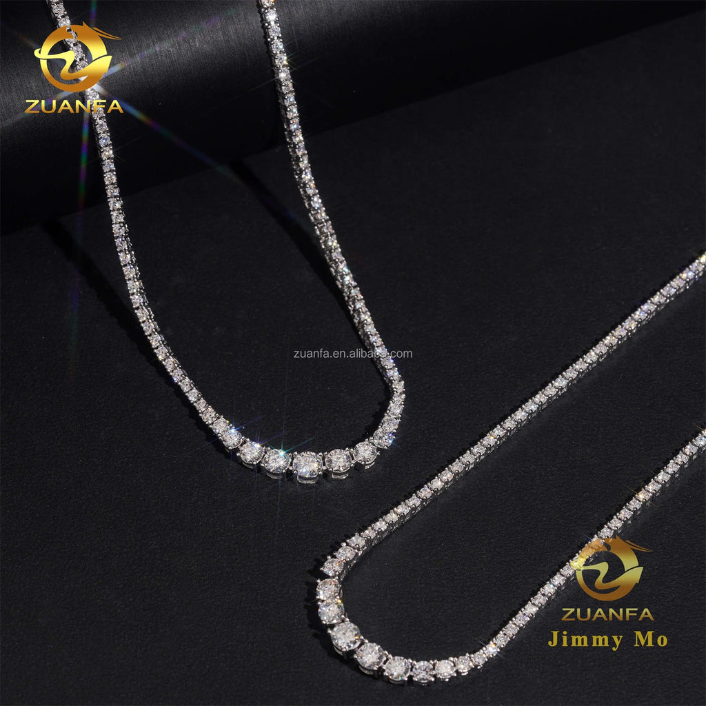 Unisex Iced Out 925 Sterling Silver Rhodium Plated VVS Moissanite Gradient Cluster Tennis Chain Necklace 2mm