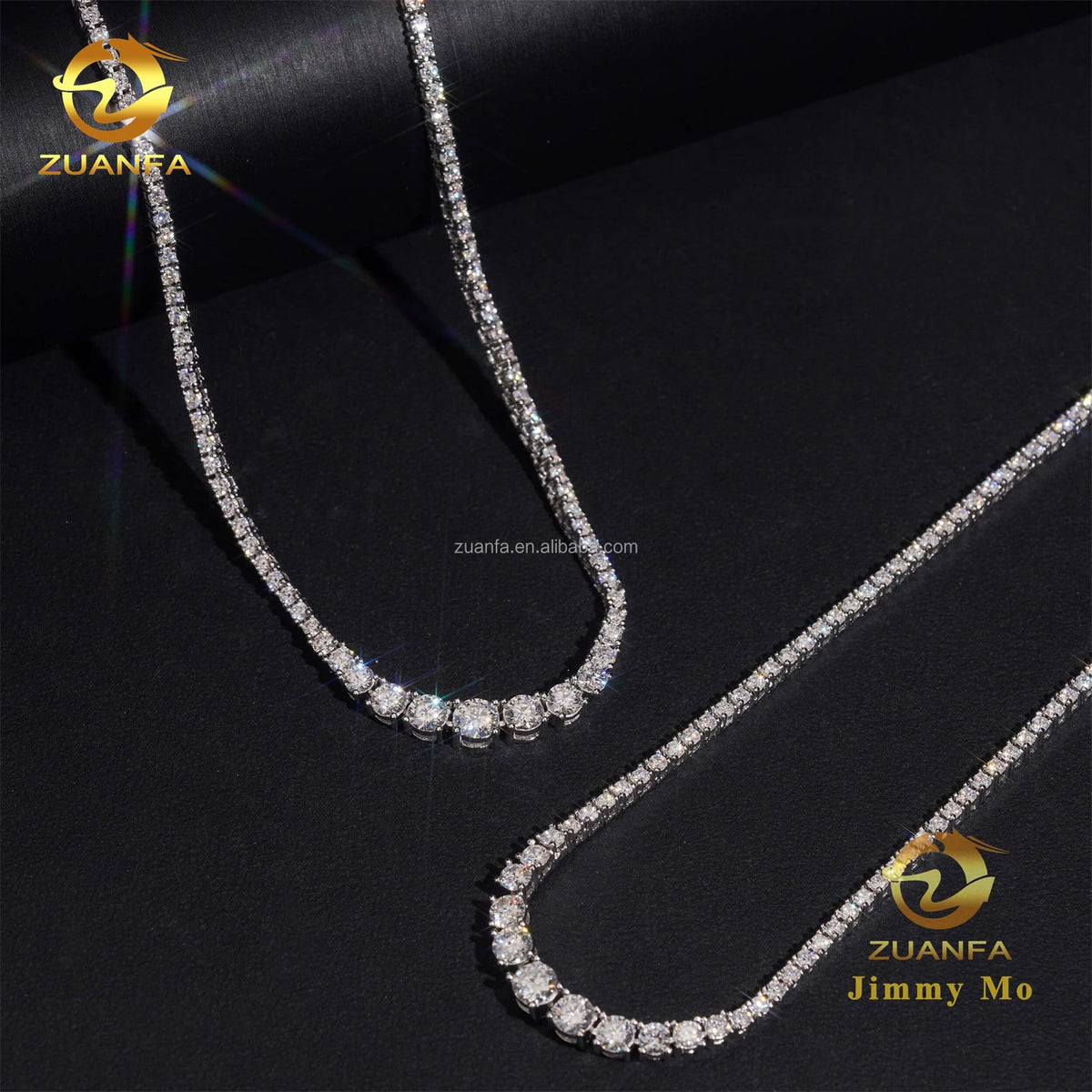 Unisex Iced Out 925 Sterling Silver Rhodium Plated VVS Moissanite Gradient Cluster Tennis Chain Necklace 2mm