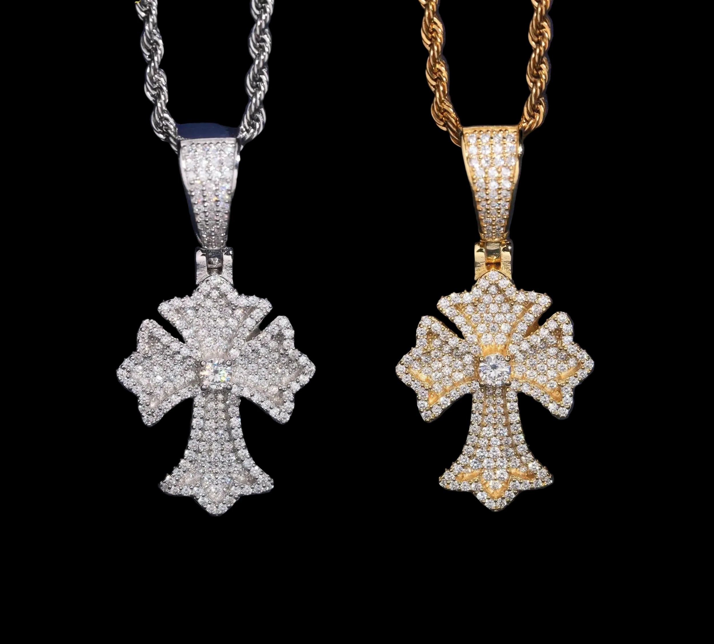 Unisex 925 Sterling Silver VVS Moissanite Cross Iced Out Pendant