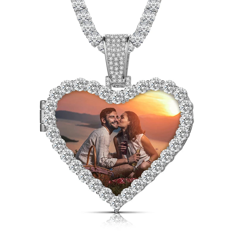 Unisex Iced Out Heart Photo Pendant 925 Sterling Silver VVS Moissanite TQP0143